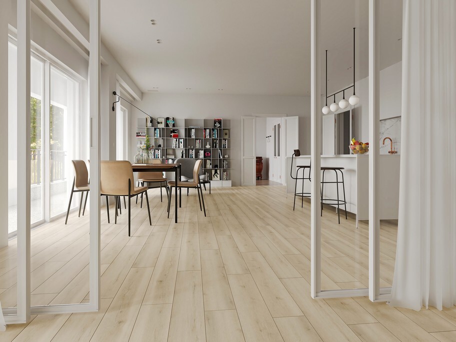 Кварцвиниловый SPC ламинат Evofloor Home Oak White Дуб Белый L-20096 1220×183×4 фото в интерьере